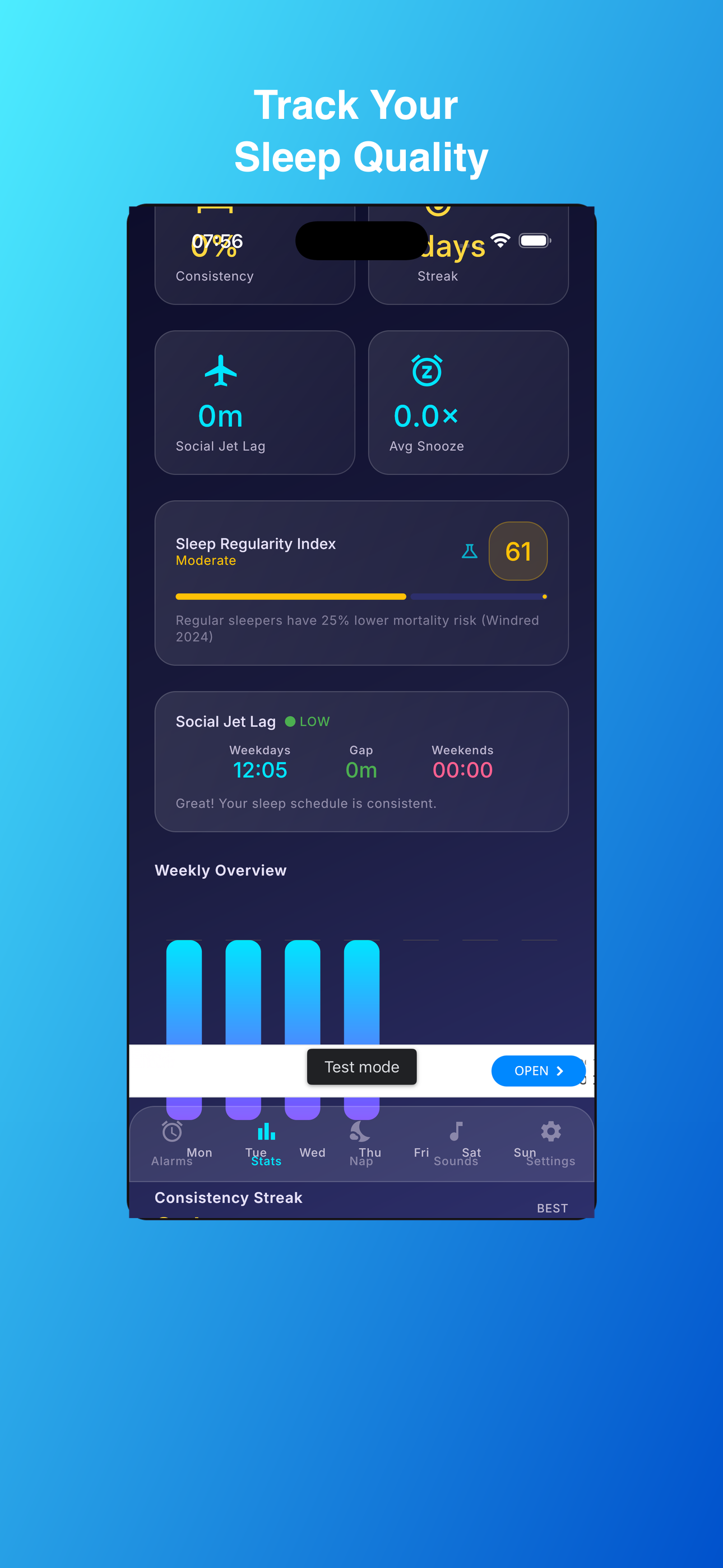 AlarmUniversal sleep stats screen on iPhone