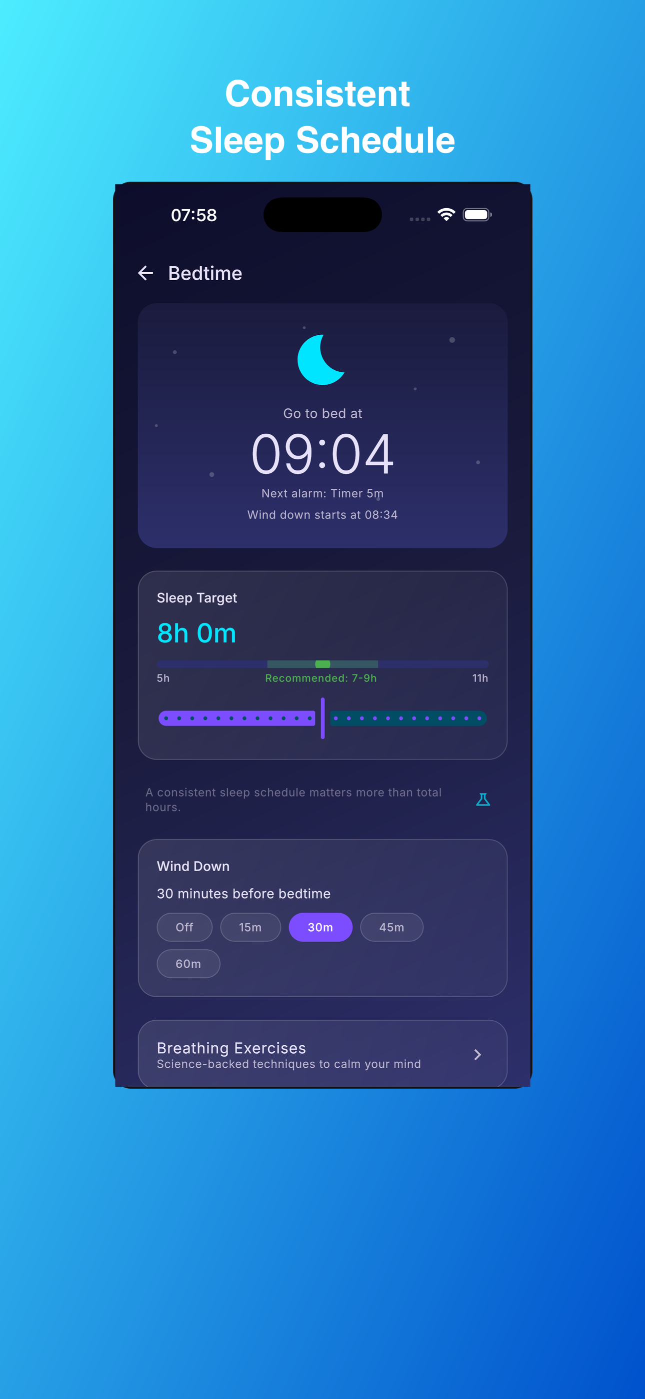 AlarmUniversal bedtime wind-down screen on iPhone